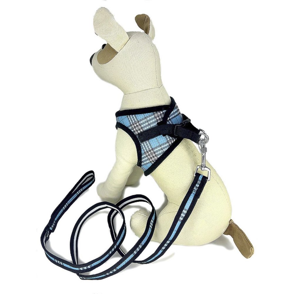 Blue Plaid Mesh Harness & Leash Set